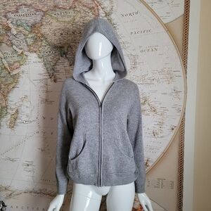 Lovestitch Gray Hooded Sweater zip front pockets open weave back cozy beachy M